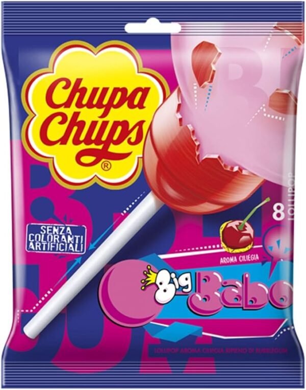 Chupa Chups Lecca Lecca Bubblegum, Caramella Ripiena di Gomma Da Masticare, Aroma Ciliegia, Senza Glutine e Coloranti Artificiali, Ideale per Compleanni e Feste, Busta con 8 Lollipop