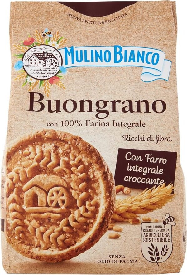 Mulino Bianco Biscotti Buongrano con 100% Farina Integrale, Colazione Ricca di Fibre e Gusto - 350 gr