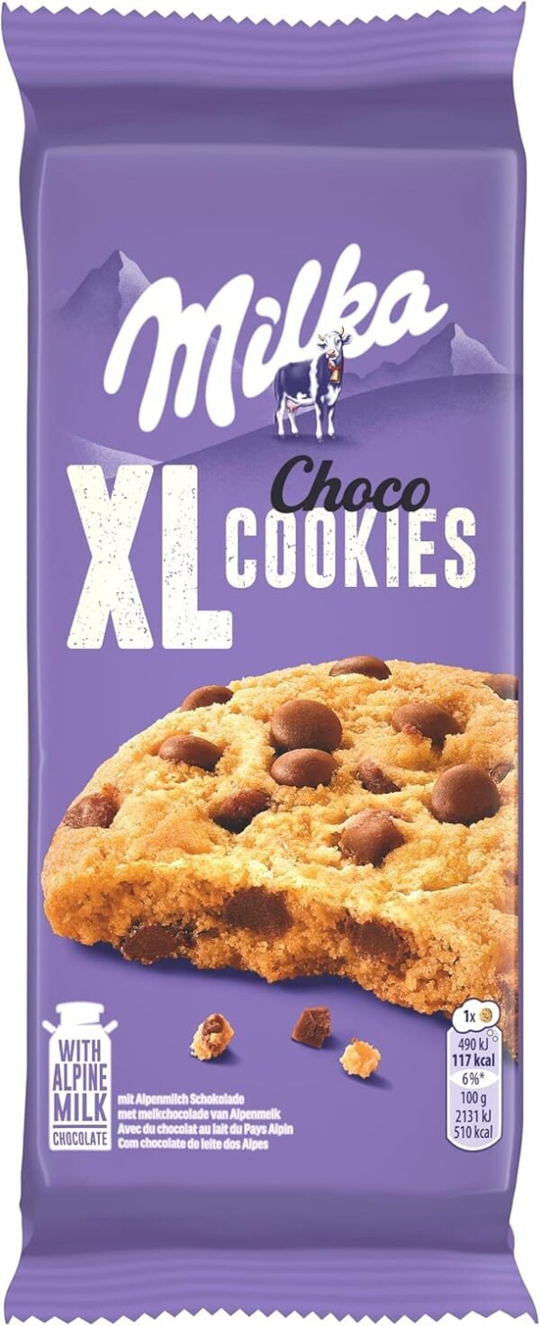 Milka, Cookies XL Choco, Biscotto Maxi Croccante con Golose Pepite di Cioccolato al Latte Milka, con Latte Alpino, Cacao Sostenibile, 184g (8 biscotti da 23g) (Confezione da 6)