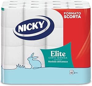 Nicky Elite - 48 Rotoli di Carta Igienica, 150 Soffici Fogli a 3 Veli, Morbida e Resistente a Contatto con la Pelle, Dermatologicamente Testata, 100% Certificata FSC®