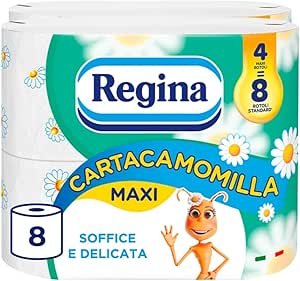 Regina Cartacamomilla - 8 Rotoli di Carta Igienica, 300 Soffici Fogli a 3 Veli, Delicata e Consistente, Confezione in Carta Riciclabile