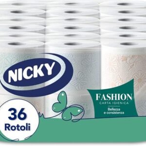 Nicky Fashion Carta Igienica a 4 veli | Confezione da 36 Maxi Rotoli | 165 strappi | Decorata Resistente e Morbida sulla pelle| Delicatamente profumata al talco | Prodotta in Italia