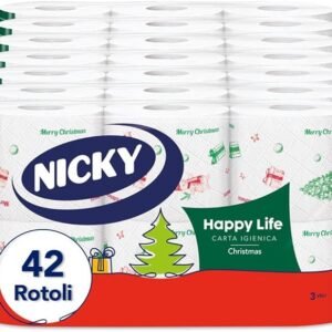 Nicky Happy Life Christmas - Carta Igienica Natalizia, 42 Rotoli da 170 Strappi, a 3 Veli, Apertura Facilitata, 4 Fantasie con Decori Natalizi, Morbida e Resistente, Allegra e Festiva, Carta FSC