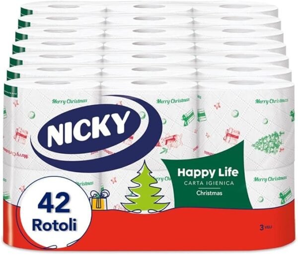 Nicky Happy Life Christmas - Carta Igienica Natalizia, 42 Rotoli da 170 Strappi, a 3 Veli, Apertura Facilitata, 4 Fantasie con Decori Natalizi, Morbida e Resistente, Allegra e Festiva, Carta FSC