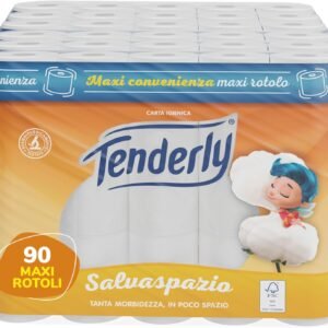 Tenderly Salvaspazio, 90 Rotoli di Carta Igienica, 2 Veli, 220* Strappi per Rotolo, con Estratti Naturali di Malva e Calendula, Made in Italy, Dermatologicamente Testato