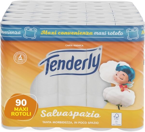 Tenderly Salvaspazio, 90 Rotoli di Carta Igienica, 2 Veli, 220* Strappi per Rotolo, con Estratti Naturali di Malva e Calendula, Made in Italy, Dermatologicamente Testato