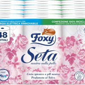 Foxy Seta | Carta igienica 200 strappi x 48 rotoli, 2 veli elevato spessore | Confezione riciclabile prodotta con plastica riciclata