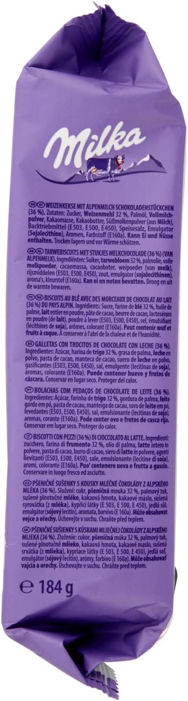 Milka, Cookies XL Choco, Biscotto Maxi Croccante con Golose Pepite di Cioccolato al Latte Milka, con Latte Alpino, Cacao Sostenibile, 184g (8 biscotti da 23g) (Confezione da 6)