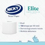 Nicky Elite - 48 Rotoli di Carta Igienica, 150 Soffici Fogli a 3 Veli, Morbida e Resistente a Contatto con la Pelle, Dermatologicamente Testata, 100% Certificata FSC®