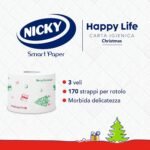 Nicky Happy Life Christmas - Carta Igienica Natalizia, 42 Rotoli da 170 Strappi, a 3 Veli, Apertura Facilitata, 4 Fantasie con Decori Natalizi, Morbida e Resistente, Allegra e Festiva, Carta FSC