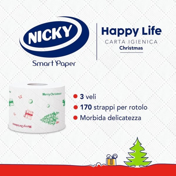 Nicky Happy Life Christmas - Carta Igienica Natalizia, 42 Rotoli da 170 Strappi, a 3 Veli, Apertura Facilitata, 4 Fantasie con Decori Natalizi, Morbida e Resistente, Allegra e Festiva, Carta FSC