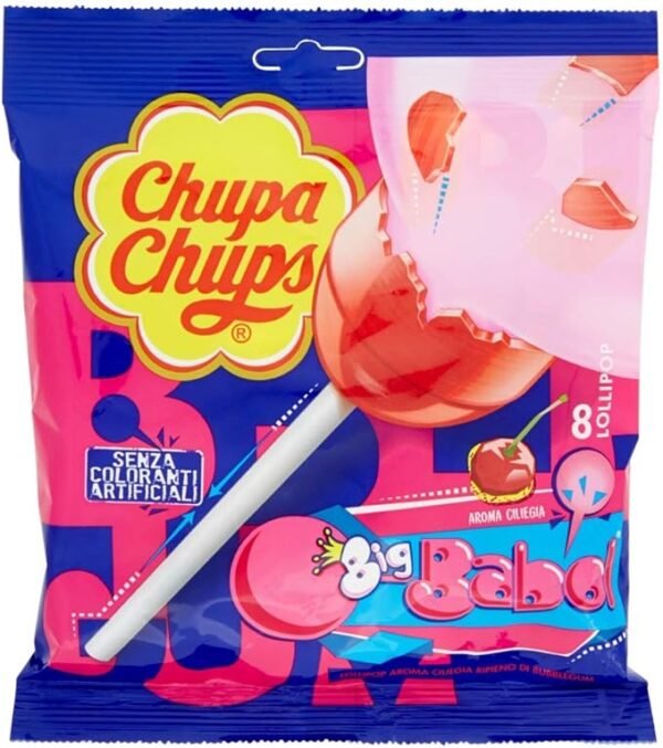 Chupa Chups Lecca Lecca Bubblegum, Caramella Ripiena di Gomma Da Masticare, Aroma Ciliegia, Senza Glutine e Coloranti Artificiali, Ideale per Compleanni e Feste, Busta con 8 Lollipop