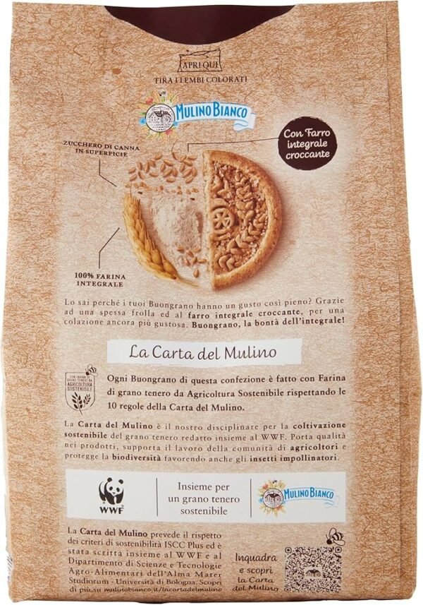 Mulino Bianco Biscotti Buongrano con 100% Farina Integrale, Colazione Ricca di Fibre e Gusto - 350 gr