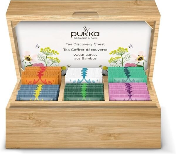 Pukka Tisane Discovery Chest, Confezione Regalo Tisane Biologiche Assortite, 6 Gusti, per Rilassare e Risvegliare i Sensi, Cofanetto in Bambù Sostenibile e Riutilizzabile, Idea Regalo, 42 Filtri