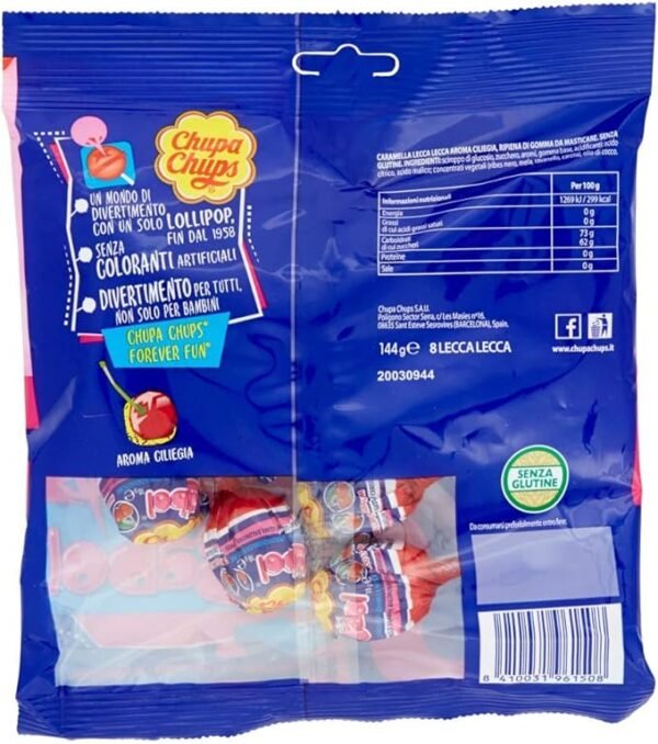 Chupa Chups Lecca Lecca Bubblegum, Caramella Ripiena di Gomma Da Masticare, Aroma Ciliegia, Senza Glutine e Coloranti Artificiali, Ideale per Compleanni e Feste, Busta con 8 Lollipop