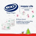 Nicky Happy Life Christmas - Carta Igienica Natalizia, 42 Rotoli da 170 Strappi, a 3 Veli, Apertura Facilitata, 4 Fantasie con Decori Natalizi, Morbida e Resistente, Allegra e Festiva, Carta FSC