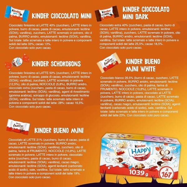 Kinder Happy Moments - 167 Cioccolatini Assortiti Kinder, Mix di Snack Dolci in Formato Mini, Ideali da Condividere a Feste e Compleanni, Maxi Confezione da 1039 gr