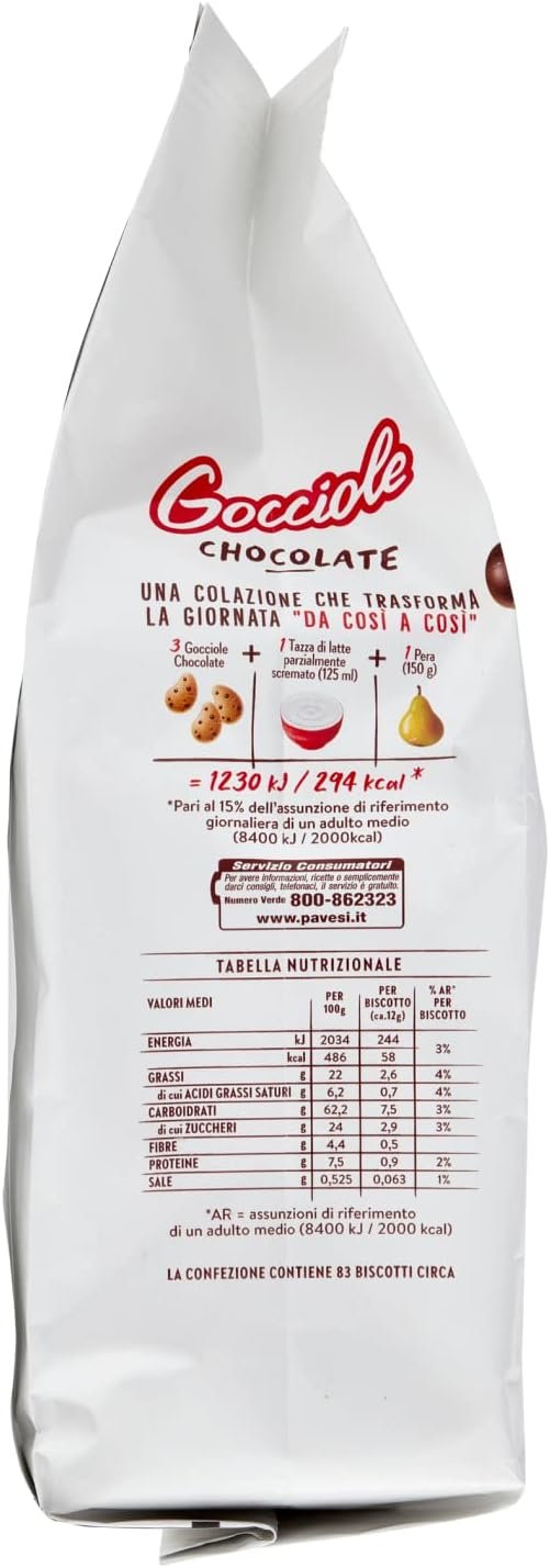 Pavesi Biscotti Frollini Gocciole Cioccolato, Biscotti da Colazione con Gocce di Cioccolato, senza Olio di Palma, 1 kg (Confezione da 5)